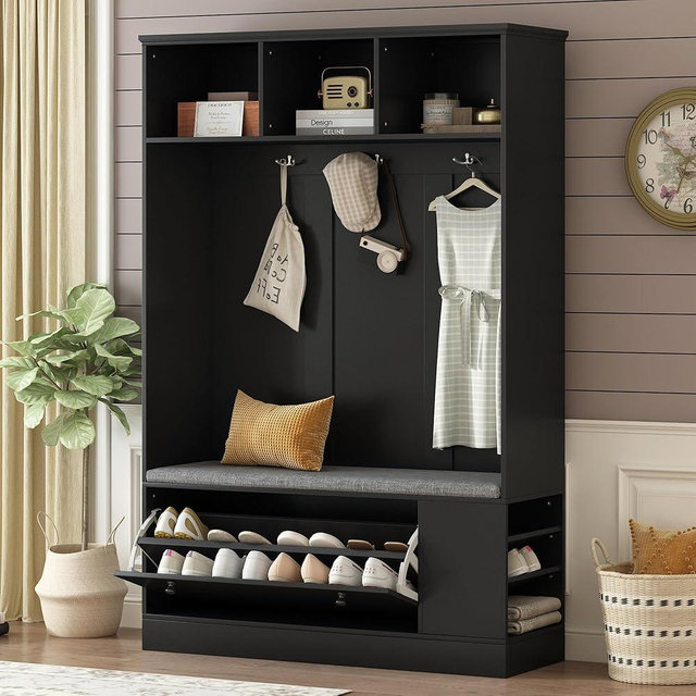 Merax Farmhouse Wood Hall Tree with Bench and Shoe Storage, 5-in-1 Coat Rack with 3 Hooks for Entrance, Hallway Black