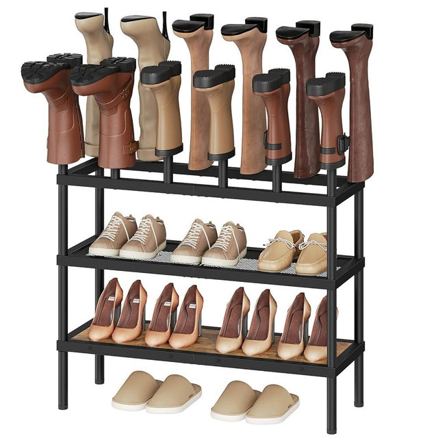 YATINEY Free Standing Shoe Rack, Tall Boots Rack Organizer, Boot Organizer for Closet, Cowboy Shoes Storage, Holds 14 Pairs, Black and Rustic Brown SS29BR