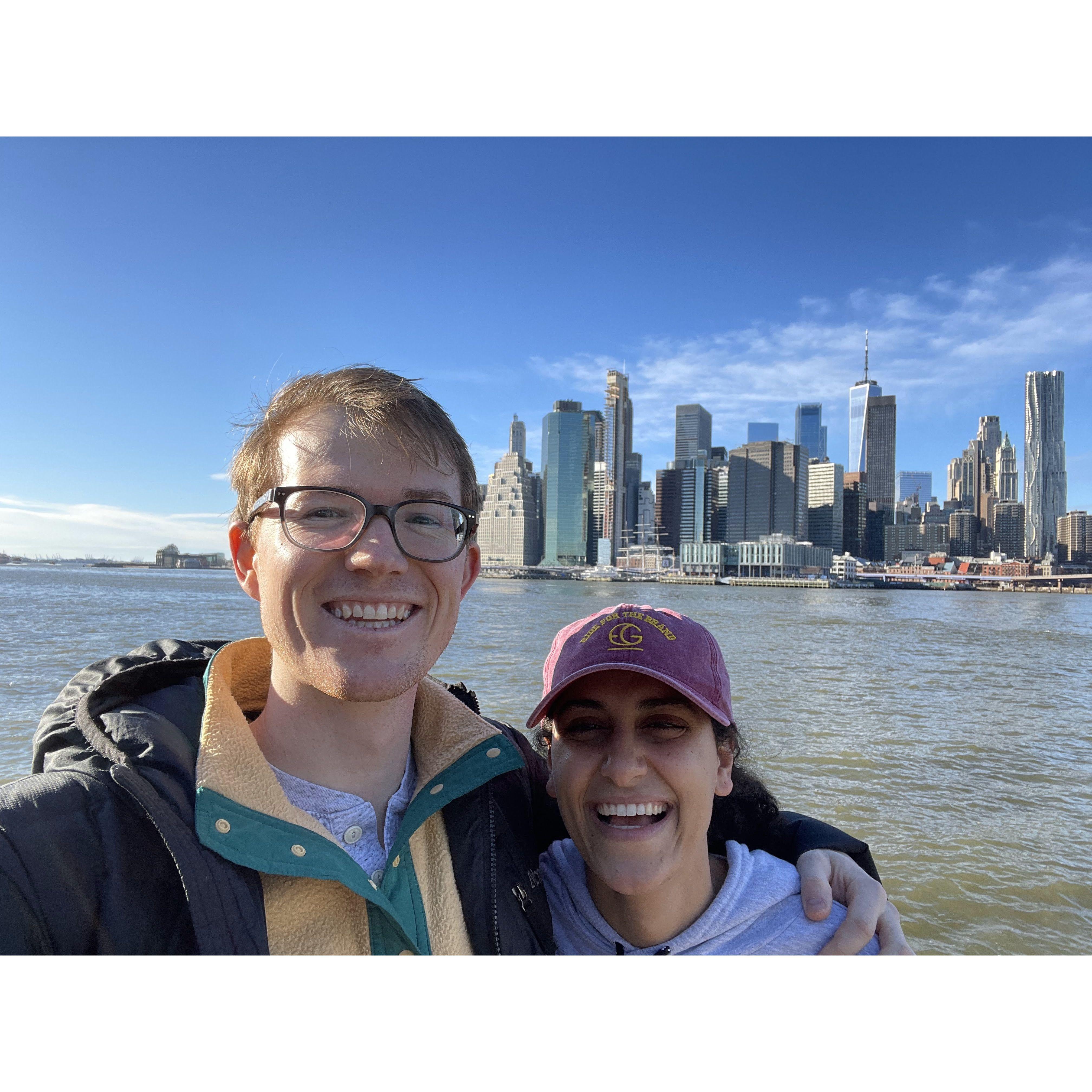 This was right before we tried to walk across the Brooklyn Bridge on New Years Eve. Huge mistake. Hordes of people. It took over an hour to walk the half mile across the bridge.