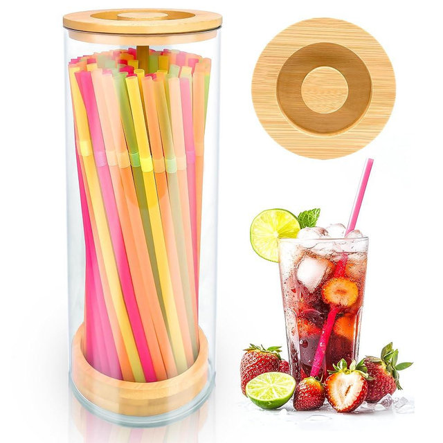Straw Holder Dispenser for Counter, 10-Inch Drinking Straw Dispenser,Acrylic Straw Organizer with Bamboo Lid,Includes 100 Straws,Transparent Straw Storage Container for Kitchen, Pencils and Silverware