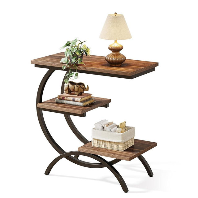 LITTLE TREE End Table, Narrow End Table with 3 Storage Shelves, Industrial C-Shaped Small Sofa Side Table for Living Room, Wood Slim Snack Table with Black Metal Frame, Rustic Brown