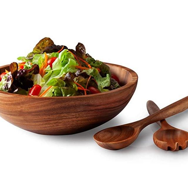 Acacia Wooden Salad Bowl with Servers Utensils, Large 12"x 4", 3 piece set - Hand Made from a Single Organic Piece of Acacia Wood, Food Safe (Salad Bowl with Servers)