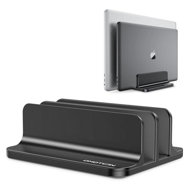 OMOTON [Updated Dock Version Vertical Laptop Stand, Double Desktop Stand Holder with Adjustable Dock (Up to 17.3 inch), Fits All MacBook/Surface/Samsung/HP/Dell/Chrome Book (Black)