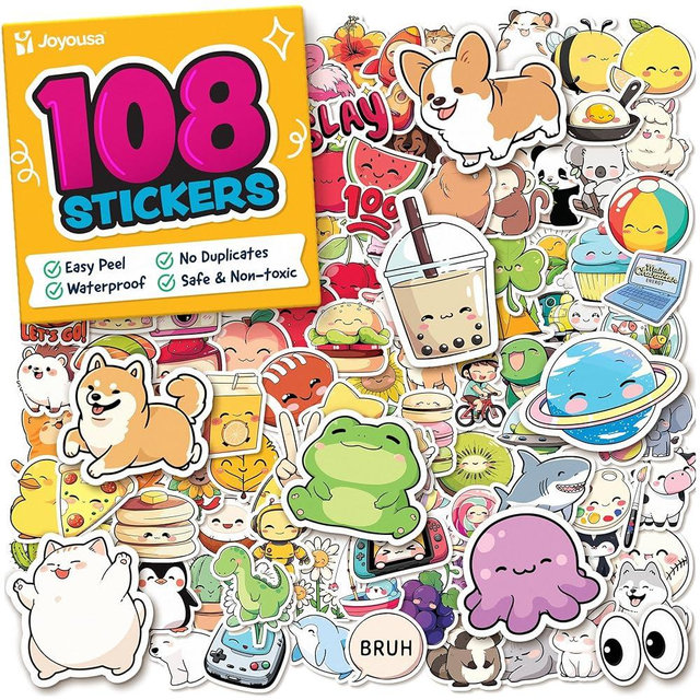 Cute Stickers for Kids - Kawaii Stickers for Kids Classroom, Water Bottle & Teacher Rewards - 108pc Easy Peel Bulk Pack for Teens - Waterproof Vinyl Decals for Scrapbooking, Journalling, Notebook