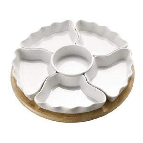 DOWAN 360° Rotatable Serving Tray and Platters, 12 Inch Divided Serving Bowls for Party, Kitchen Decor, Removable Serving Dishes for Chips and Dip, Fruit, Veggies, Candy and Snacks, 7 Pieces, White