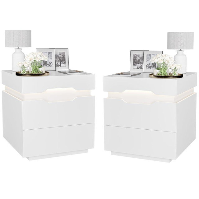 YESHOMY Nightstand with LED Light and Charging Station, Endtable with 2 Drawers, Bedside Table with Large Capacity, for Bedroom, Set of 2, 21.2" Height, White