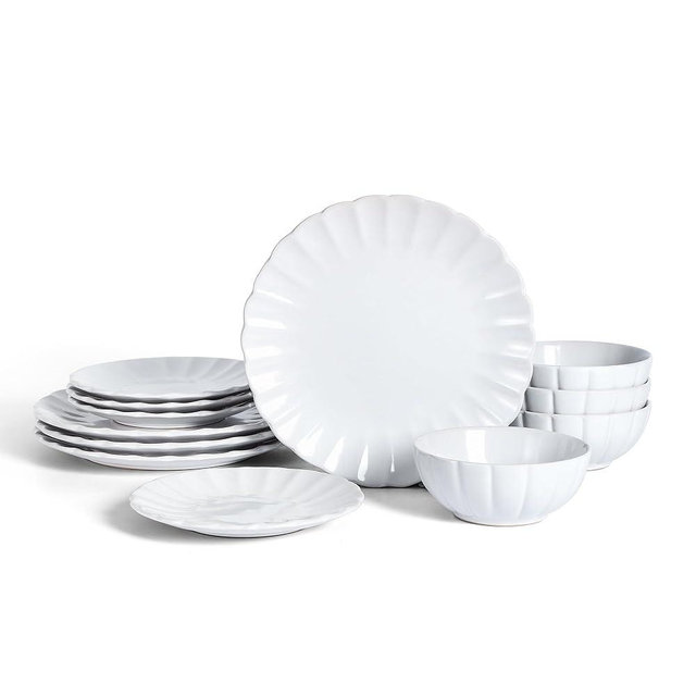 Earth & Clay Phoenix 12-Piece Stoneware Dinnerware Set, Plates and Bowls Set, Dishwasher and Microwave Safe, Dish Set for 4, White