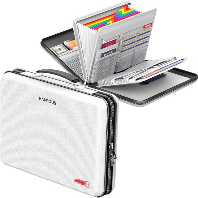 HAPPOUS Fireproof Document Organizer, Expanding File Organizer with 13 Pockets, Portable Fireproof Document Box Hard-Shell Document Organizer Storage for Documents Laptop Passports Cards Gray