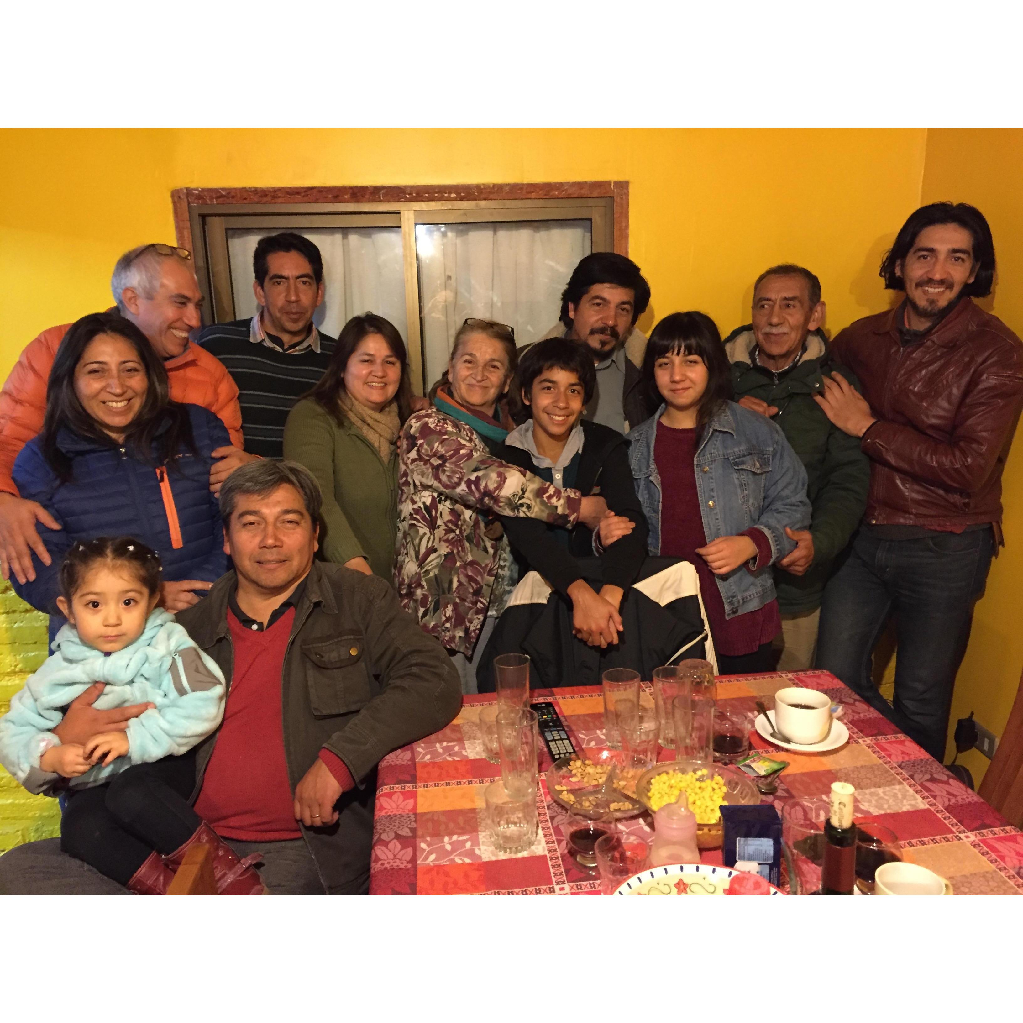Oriel's Family in Chile, from front, L-R: Isadora, Mauricio, Lorena, Andres, Fabian, Nancy, Gloria (mother), Gabriel, Marco, Valentina, Manuel (father)