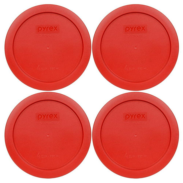 Pyrex 7201-PC Poppy Red Round 4 Cup Plastic Storage Lid, Made in USA - 4 Pack