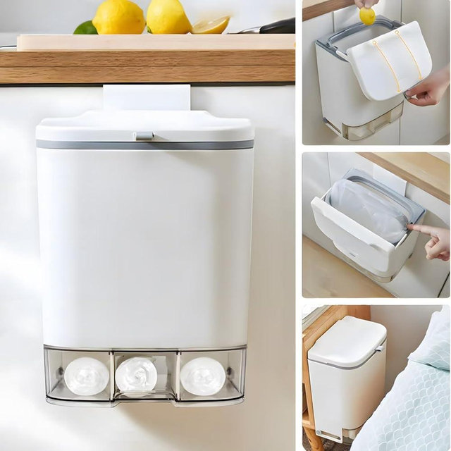 HomDSim 2.4 Gallon Compost Bin Hanging Trash Can with Lid Garbage Can Wall Mounted Trash Can with 3 Pack Disposable Bag for Kitchen,Cupboard, Bathroom, Under Sink,Counter Top (White)