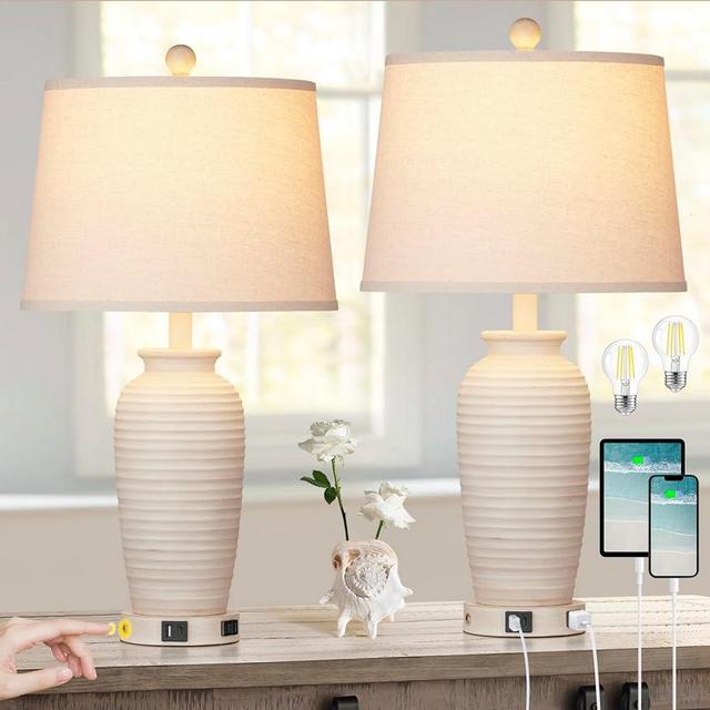 CINSARY 25" Farmhouse Jar Table Lamps Set of 2, 3 Way Touch Control Rustic Bedside Lamps with USB A+C Ports & AC Outlet, Pot Nightstand Lamps for Bedroom Living Room (LED Bulbs Included)