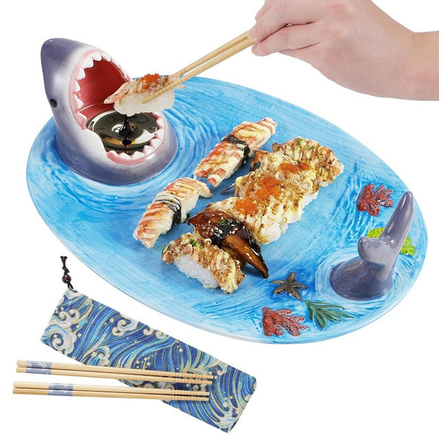 EXLIPO Shark Plates, Upgraded 3-in-1 Shark Sushi Plate, Shark Sushi Plate, Shark Plate with Sauce Compartment, Food Safe Material, Microwave/Oven/Refrigerator/Dishwasher Safe (ellipse)