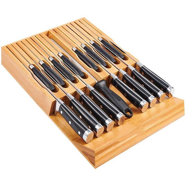 Utoplike In-Drawer Bamboo knife block, Drawer Knife Set Storage, Knife Organizer and Holder with Safety Slots for 16 Knives and 1 Sharpening Steel -Kitchen Drawer, Counter Top