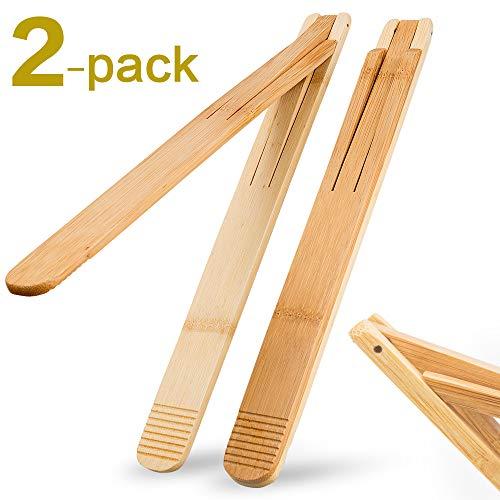 Bamboo Wood Salad Tongs with Space Saving Collapsible Spring, Enhanced Grip for Kitchen, BBQ Cooking, Camping or Grill, Foldable Carry or Storage, Flipping and Serving | Set of 2