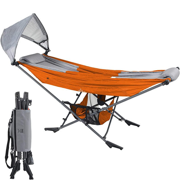 Republic of Durable Goods Mock ONE - Compact Portable Folding Hammock with Free Standing Frame Includes Carrying Wrap and Sun Shade Perfect for Outdoor, Patio, Camping, Beach, and Festivals