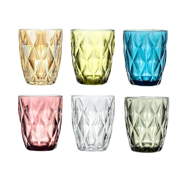 Colorful Diamond Drinking Glasses Set of 6, 10 oz Vintage Glassware Old Fashioned Beverage Glasses Highball Cocktail Rocks Glass, Water Glasses Tumbler, Colored Water Cups, Elegant Embossed Glassware