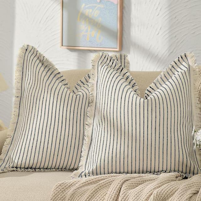 ZWJD Throw Pillow Covers 20x20 Set of 2 Striped Pillow Covers with Fringe Chic Cotton Decorative Pillows Square Cushion Covers for Sofa Couch Bed Living Room Farmhouse Decor