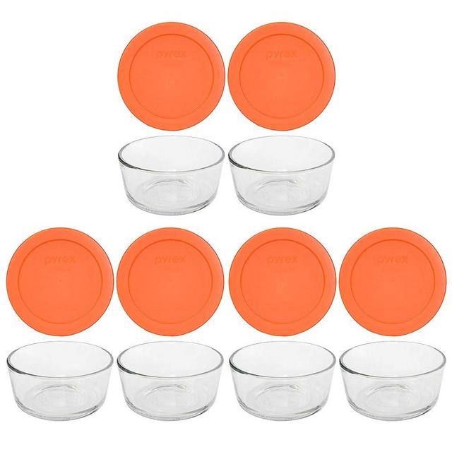 Pyrex (6) 7200 2 Cup Glass Dishes & (6) Pyrex 7200-PC 2 Cup Orange Lids
