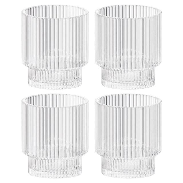 American Atelier Vintage Art Deco Fluted Drinking Glasses | Ribbed Glassware for Cocktail, Gin, Whiskey, & More | Modern Glassware | Lowball Fluted Cocktail Glasses | Set of 4 | 9 Oz (Clear)