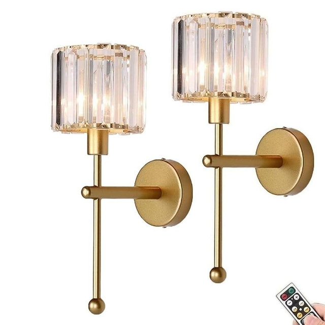 Modern Glass Crystal Wall Sconces Battery Operated Set of 2, Gold Rechargeable Wall Lights with Remote,Non Hardwired Clear Wall Lighting Fixture Brass for Bedroom Bathroom Living Room Porch