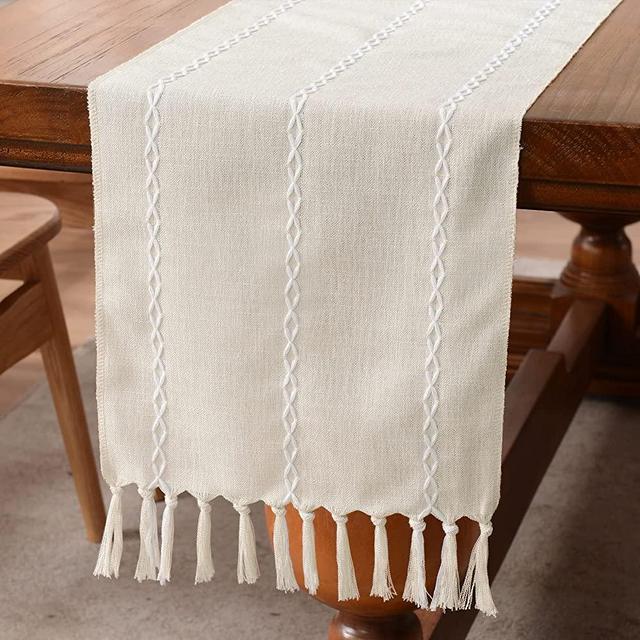 Wracra Rustic Linen Table Runner Farmhouse Style Table Runners 72 inches Long Embroidered Table Runner with Hand-Tassels for Party, Dresser Decor and Dining Room Decorations (Ivory, 13"×72")
