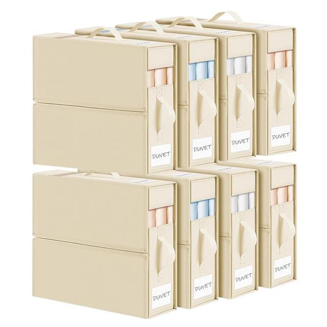 DIMJ Bed Sheet Organizers and Storage 8 Pack - Foldable Sheet Organizer for Linen Closet, Bedding Storage Box for organization, Sheets Set Folder Keeper with Window(King & Queen Size), Beige