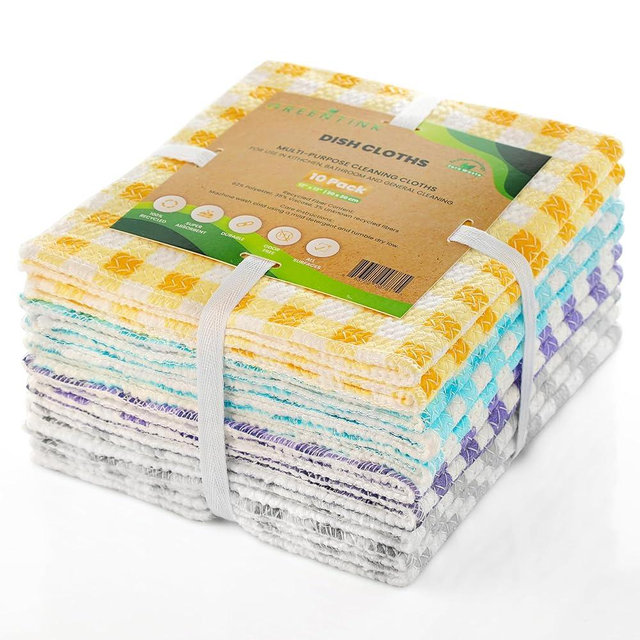 GREENTINK Eco-Friendly Reusable Dish Cloth Set – 10-Pk Multipurpose Kitchen Cleaning Cloth Made from Recycled Materials – Absorbent Dish Towels & Non-Scratch Cleaning Rags, 12x12 in.