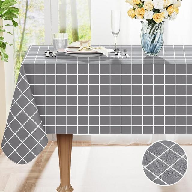 Spotjoy Rectangle Table Cloth, Waterproof Vinyl Tablecloths with Flannel Backing, Wipeable Plastic Plaid Table Cover for Dining, Picnic, Indoor and Outdoor (60" x 84", Grey)