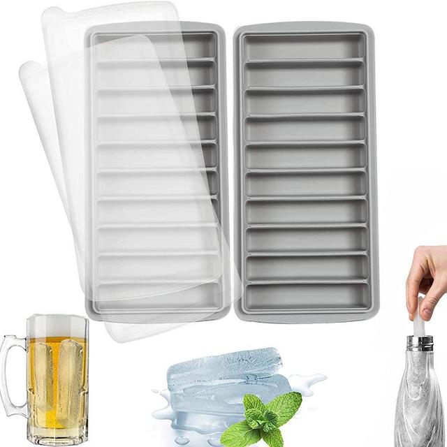 LessMo 2 PCS Ice Cube Tray, Long Ice Stick Tray Silicone with Lid, Rectangular Narrow Stick, Reusable, Flexible, Easy Release, for Small Mouth Sport Bottles, Juice Bottles, Cocktail Parties, Gray