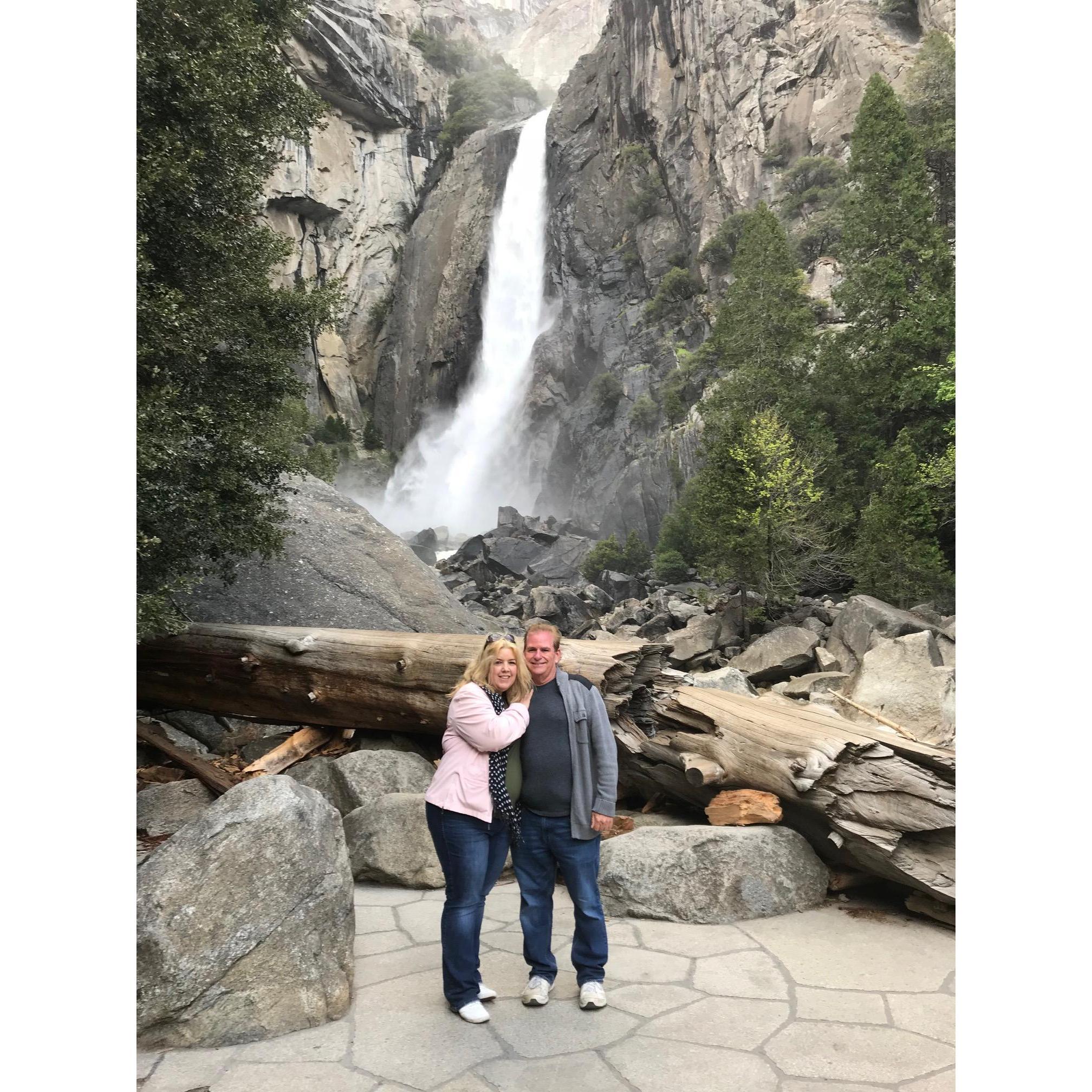 In front of Yosemite Falls in Yosemite National Park where John proposed