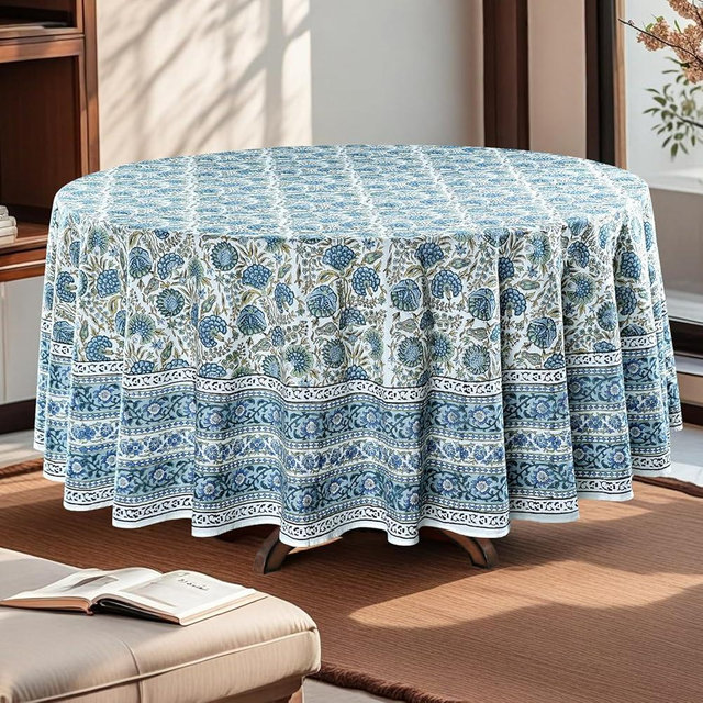 Ridhi Asparagus Green 100% Cotton Round 60 Tablecloth Hand Block Print Washable Reusable Table Cover Farmhouse Parties Buffet Dining Weddings Country French Easter Summer Fall Spring Thanksgiving