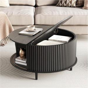 Round Coffee Table with Storage,Fluted Lift Up Coffee Table with Sliding Cabinet Door for Living Room,Home Small Space,31.5" Drum Center Table,Black