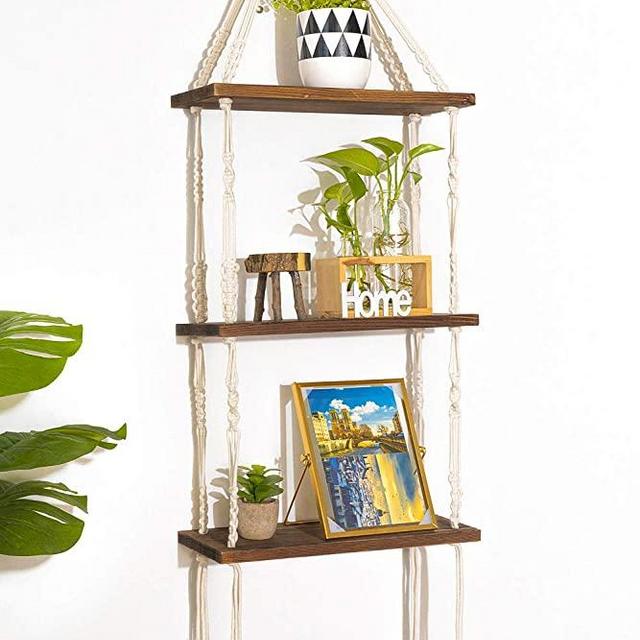 TIMEYARD Macrame Shelf Hanging Shelves, Wood Wall Shelf with Woven Rope, Rustic Floating Shelves Storage Organizer, 3 Tier Shelf Boho Decor for Living Room, Bathroom, Bedroom