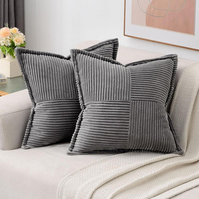 HAUSSY Dark Grey Throw Pillow Covers 14x14 Inch Set of 2,Soft Solid Corduroy Striped/Wide Bordered,Square Decorative Cushion Case,Winter Home Decorations for Couch,Bed