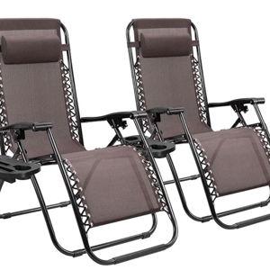 Homall Zero Gravity Patio Folding Lawn Chairs Outdoor Gravity Camp Reclining Lounge Chair with Pillows for Poolside Backyard and Beach Set of 2 (Brown)