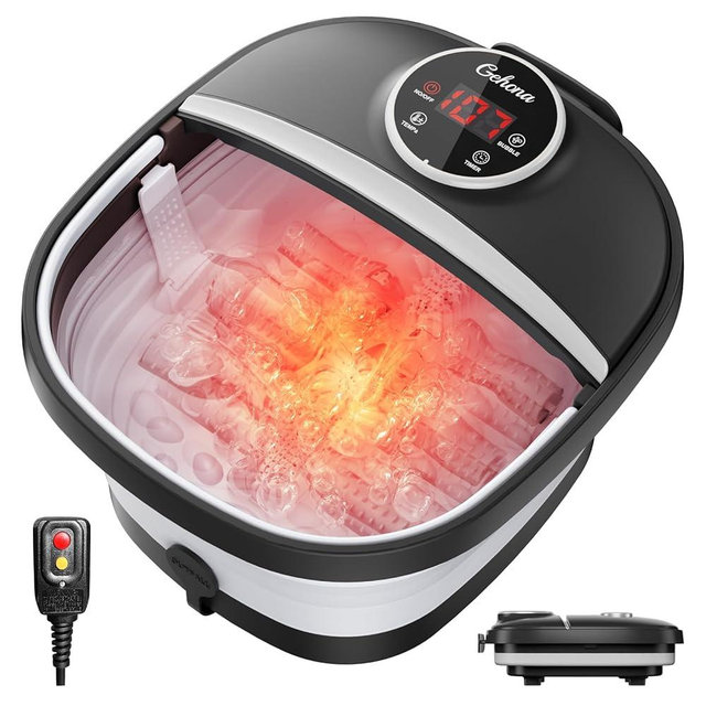 GEHONA Collapsible Foot Spa Bath with Heat,Foot Massager with Two Side Supports,Leakage Protector,Temperature Control,Bubbles,Red Light,Timer,Feet Spa Tub,Feet Soaker,Gifts (Black)