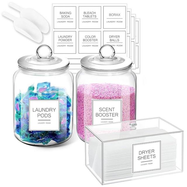 FyndraX Laundry Glass Jars with Dryer Sheets Holder, Containers with Scoop and Labels for Laundry Room Organization and Storage Detergents Pods or Powder, Scent Booster Beads, Set of 3