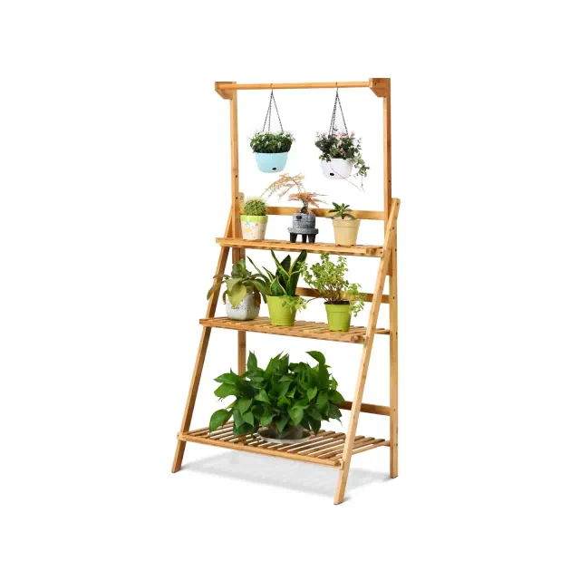 Tangkula 3 Tier Bamboo Hanging Folding Plant Shelf Stand Flower Pot Display Rack Bookcase