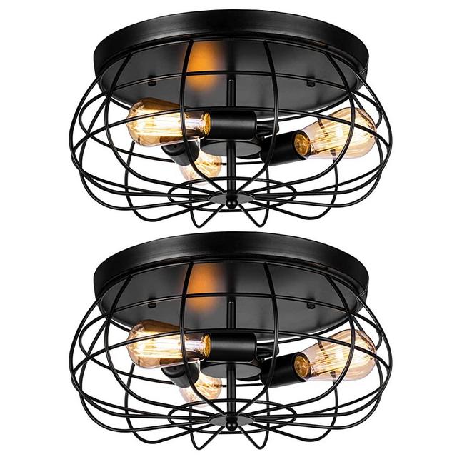 2 Pack Vintage Semi Flush Mount Ceiling Light, Elibbren E26 Industrial Metal Cage Ceiling Light Fixture 3 Lights for Bedroom Kitchen Dining Room Living Room