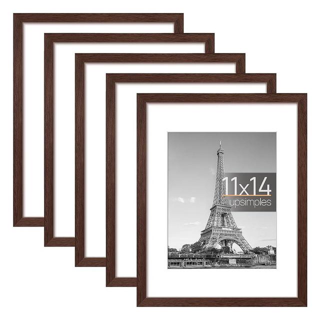 upsimples 11x14 Picture Frame Set of 5, Display Pictures 8x10 with Mat or 11x14 Without Mat, Wall Gallery Photo Frames, Brown