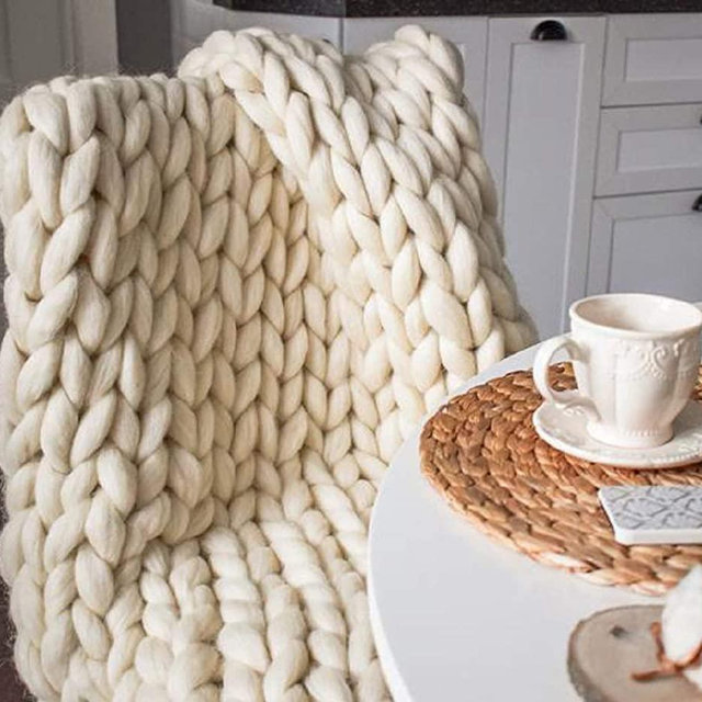 Chunky Knit Blanket Hand Made Merino Wool Throw Boho Bedroom Sofa Home Decor Giant Yarn(Ivory White 40"x40")