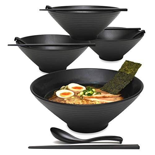 4 Sets (12 Piece) 57 Ounce Large Japanese Ramen Noodle Soup Bowl Melamine Hard Plastic Dishware Ramen Bowl Set with Matching Spoon and Chopsticks for Udon Soba Pho Asian Noodles (4, Black, 9 inches)