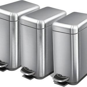 Home Zone Living 3-Pack 1.3 Gallon Small Bathroom Trash Can with Lid and Step Pedal, Stainless Steel Wastebasket with Slim Design for Home and Office, Silver, 5 Liters