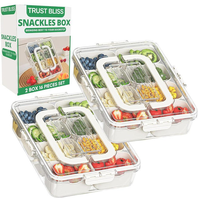 Trust Bliss Snackle Box Container, Premium 2-Pack Divided Serving Tray & Lid with 8 Compartments, Durable Snackle Boxes for Travel & Parties – Snack box container, Perfect for Treats & Gifts (PET)