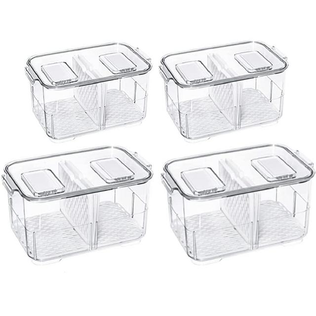 blitzlabs Refrigerator Organizer Bins, Stackable Freezer Lettuce Keeper with Lids and Removable Drain Tray Food Storage Containers for Fridge Freezer Cabinet Kitchen Organization - 4 Pack