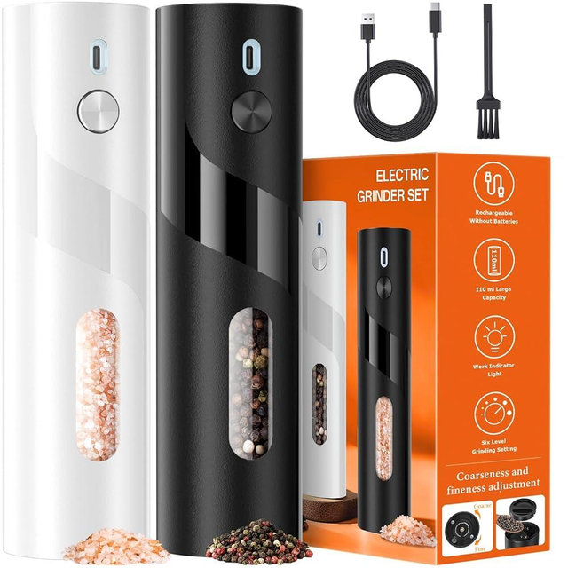 SmartTrends 110ml Electric Salt and Pepper Grinder Set, 2-Pack Auto Salt and Pepper Shakers with Large Capacity, Rechargeable, Adjustable Coarseness for Kitchen, Outdoor Dining (Black & White)