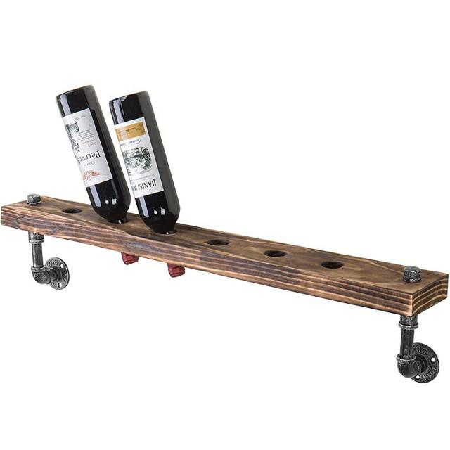 MyGift 6-Bottle Wall Mounted Rustic Wood & Pipe Metal Wine Rack