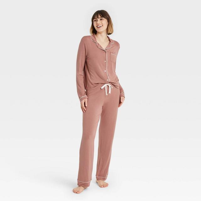 Women's Beautifully Soft Long Sleeve Notch Collar Top and Pants Pajama Set - Stars Above™ Rose Pink M