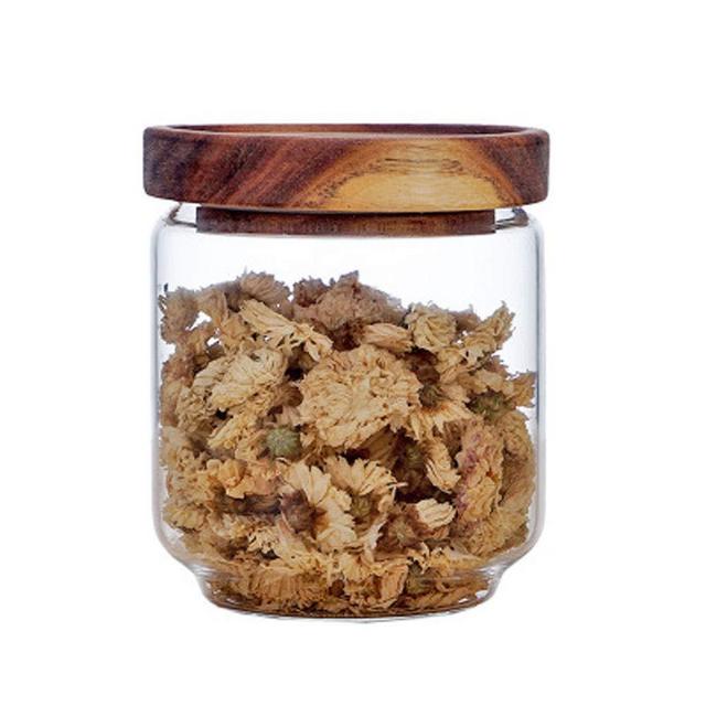 Keledz Glass Storage Jar with Wood Lids, Airtight Sealed Clear Borosilicate Glass Canister Kitchen Food Storage Containers for Coffee Beans Loose Tea Nuts Sugar Candy Spice, 450ml 16 oz (450ml 16 oz)